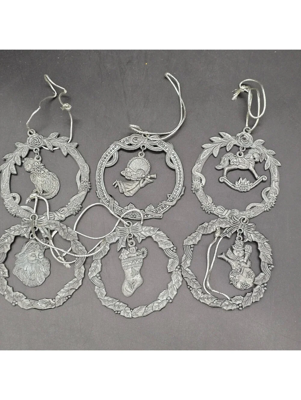 Vintage Christmas Pewter Ornaments Set of 6 Wreath Angel Rocking Horse Cat Box